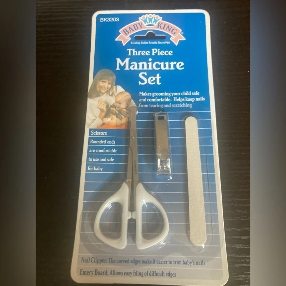 Baby King 3 piece Manicure Set. 4 available.scissors, nail clippers &emery board